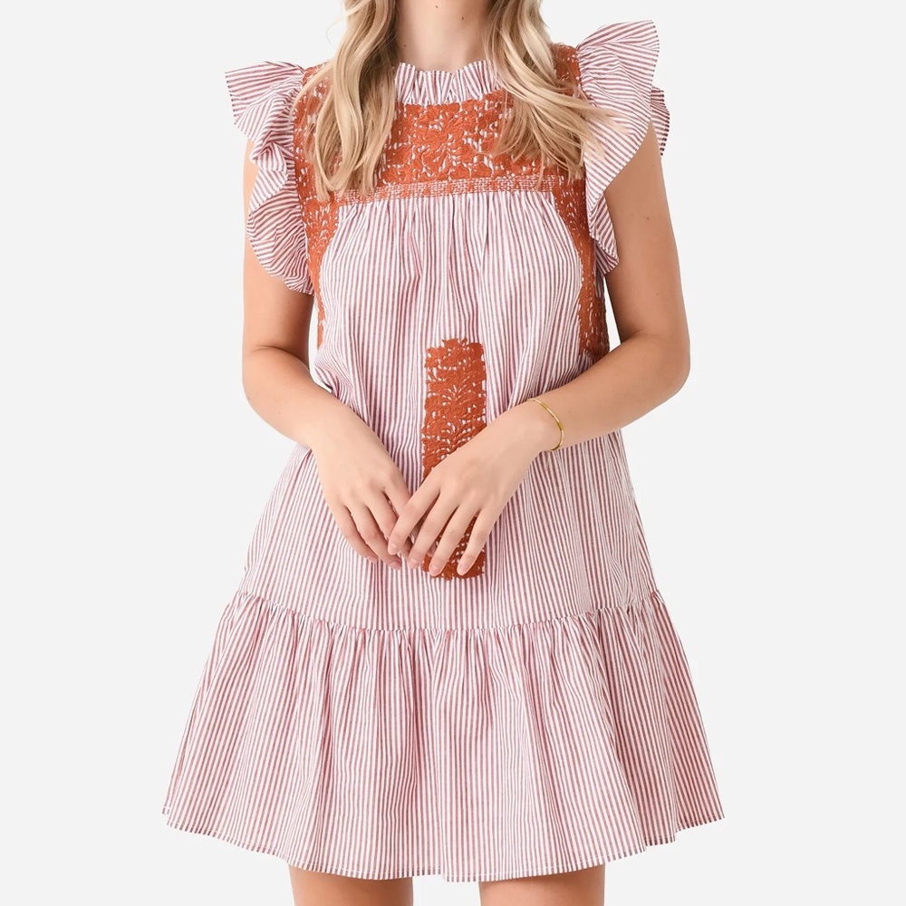 J. Marie The Schafer Ruffle Neck Embroidered Striped Dress - NWOT - Size Small